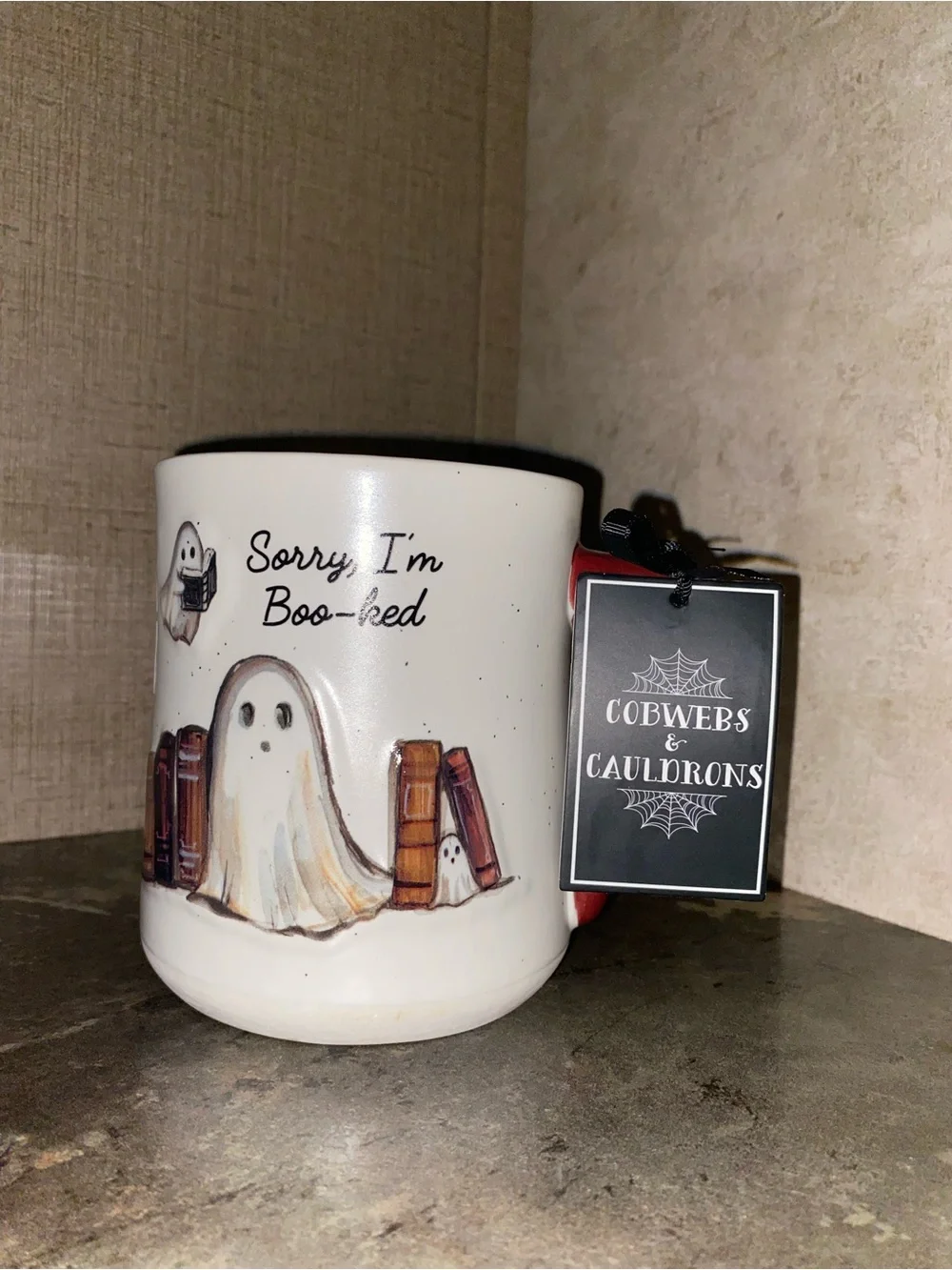 Sorry I'm Boo-ked Halloween Ghost Mug - White with Brown Accents